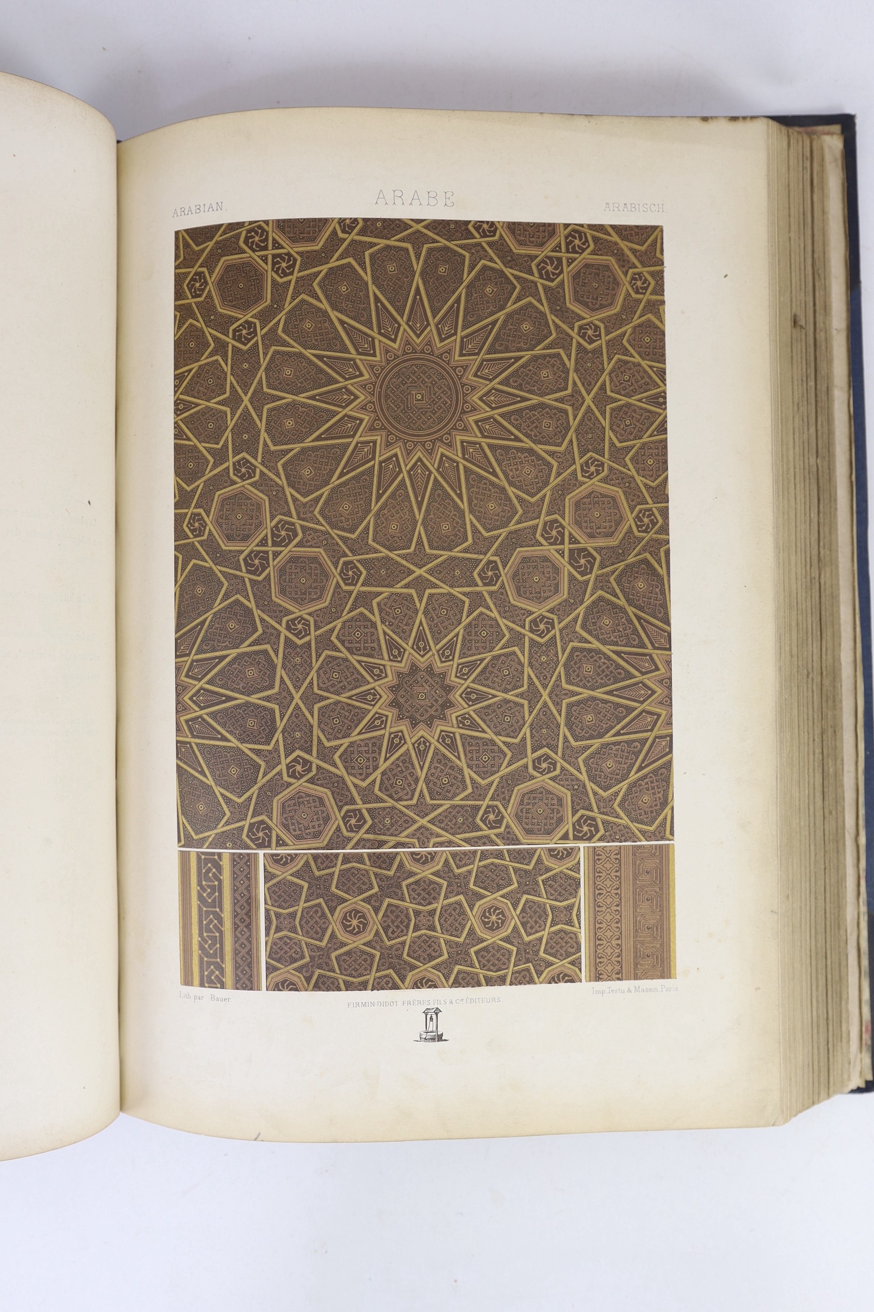Racinet, Auguste - L’Ornement Polychrome, folio, rebound half blue morocco, with 100 chromolithograph plates, cloth front panel mounted with later title, Paris, [c. 1870]